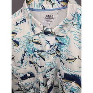 IZOD Saltwater Performance Hawaiian Blue Fish Button Down Shirt Mens Size Medium